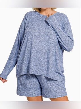Zenana Outfitters Hacci Blue Heathered Long Sleeve Top & Shorts Set